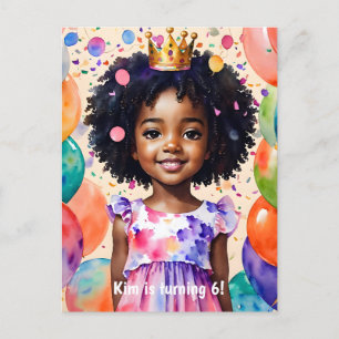 Birthday Girl with Brown Skin Princess Art Inbjudan Vykort