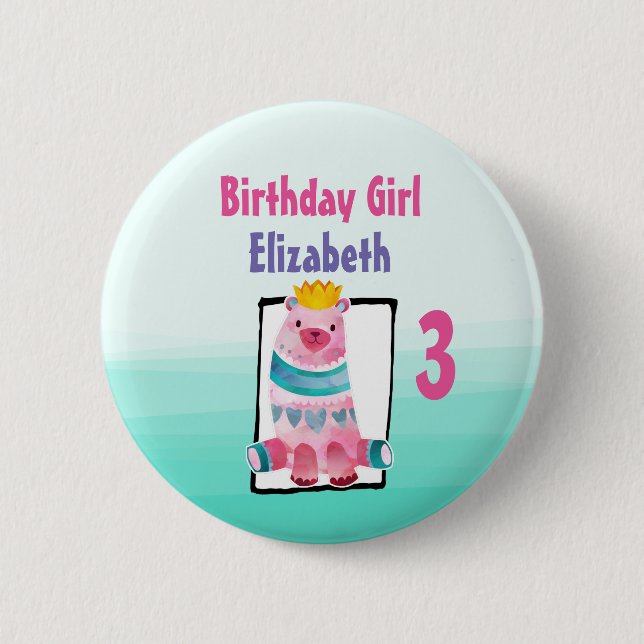 Birthday Girl with Watercolor Bear Wear a Krona Knapp (Framsida)