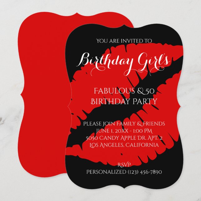 Birthday Girl's Fabulous & 50 Bright Red Lipstick Inbjudningar (Fram/baksida)