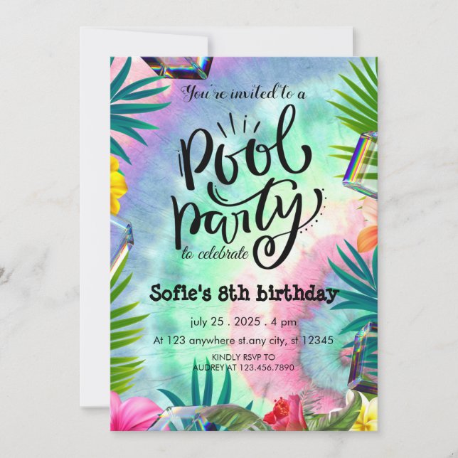 Birthday Girly Tie Dye Bassäng Party Inbjudningar (Framsida)
