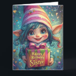 Birthday Gnome - Grattis på födelsedagen Sister Kort<br><div class="desc">Grattis till din systers speciella dag med den här fantastiska och vismliga födelsedagskalenslymbilden! Den har en glad, vidsynt gnom med ett levande blått hår, en rosa-strimlad hatt och en vackert inslagen gåva med texten "Grattis på födelsedagen-syster". Bakgrunden gnistar med att flyta konetti, rosett band och en drömmande fantasi, skapar det...</div>