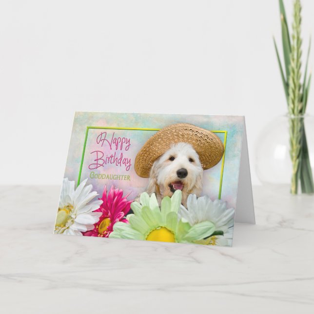 BIRTHDAY - Goddotter - PUPPY/FLOWERS/SUNHAT Kort (Framsida)