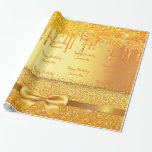 Birthday gold metallic glitter drips name bow presentpapper<br><div class="desc">Elegant,  classic,  glamorous and feminine style party wrapping paper. Faux gold metallic background decorated with faux golden glitter drips and sparkle. With a golden bow and ribbon.  With the golden text: Happy Birthday.  Template for the text and a name.</div>