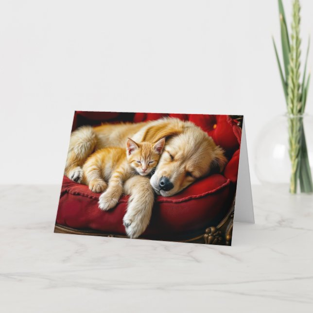 Birthday Golden Retriever och Guld Kitten Sleeping Kort (Framsida)