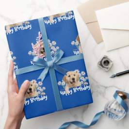 Birthday Golden Retriever på Blue Presentpapper