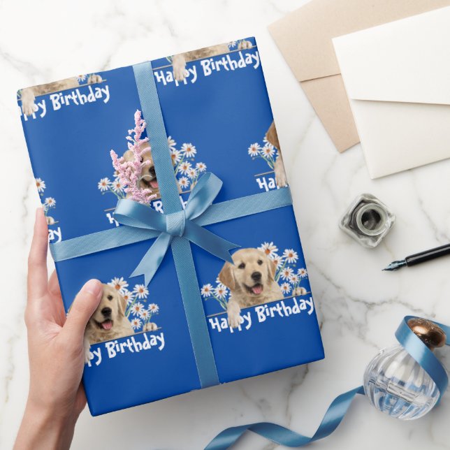Birthday Golden Retriever på Blue Presentpapper (Gifting)