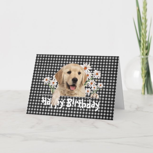 Birthday Golden Retriever på Gingham Kort (Framsida)
