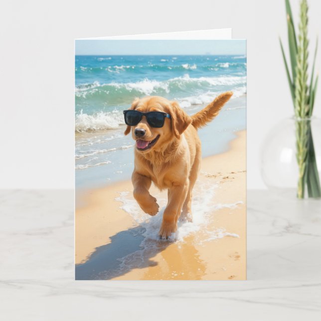 Birthday Golden Retriever Puppy Walking the Beach Kort (Framsida)
