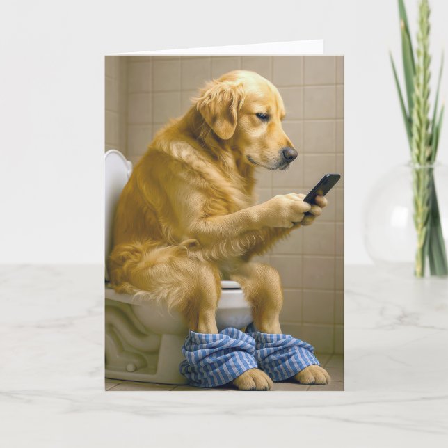 Birthday Golden Retriever Texting On the Toilet Kort (Framsida)