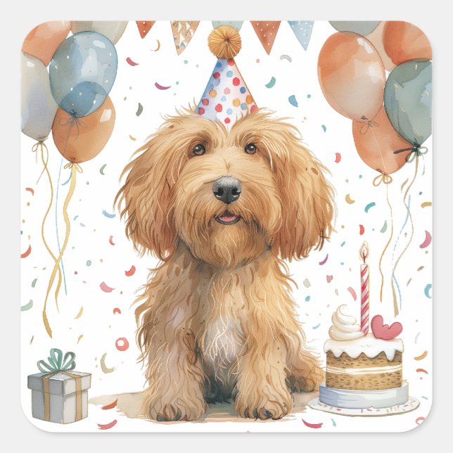 Birthday Goldendoodle Hund Fyrkantigt Klistermärke (Framsida)