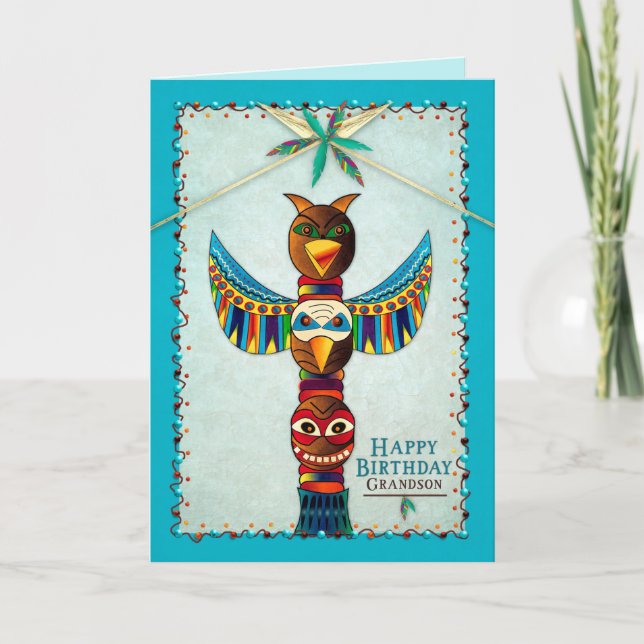 Birthday, Grandson, Indian Totem Pole Kort (Framsida)