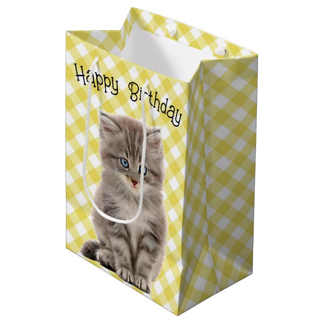 Birthday Grått Kitten on Gingham (Framsidan Vinklad)