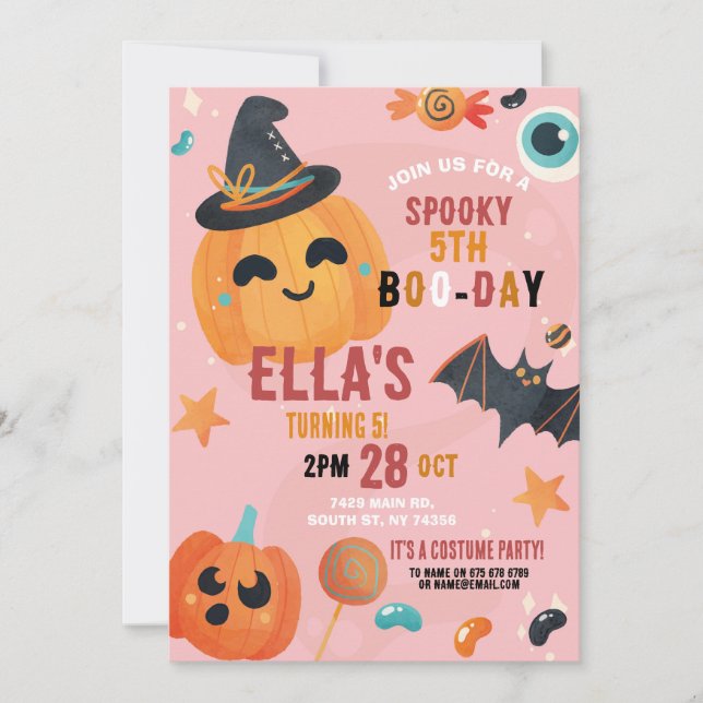 Birthday Halloween Pumpkin Rosa Party Kids Inbjudningar (Framsida)