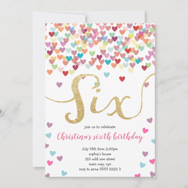 Birthday Hearts Confetti Rainbow Glitter Inbjudningar (Framsida)