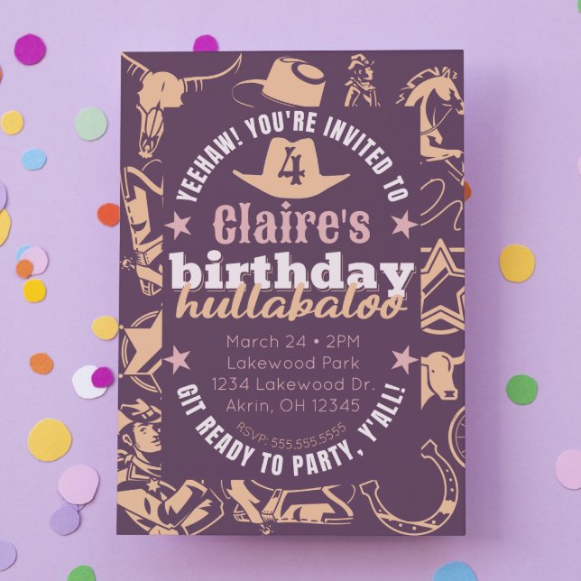 "Birthday Hullabaloo" Barn Cowgirl Födelsedagsfest Inbjudningar (cowgirl birthday party invitation purple cowboy hat western theme "birthday hullabaloo) Cute modern )