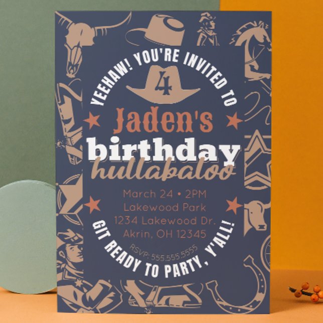 "Birthday Hullabaloo" Kid Cowboy Western Birthday Inbjudningar (cowboy "birthday hullabaloo" party invitation customizable. blue and tan, western theme )