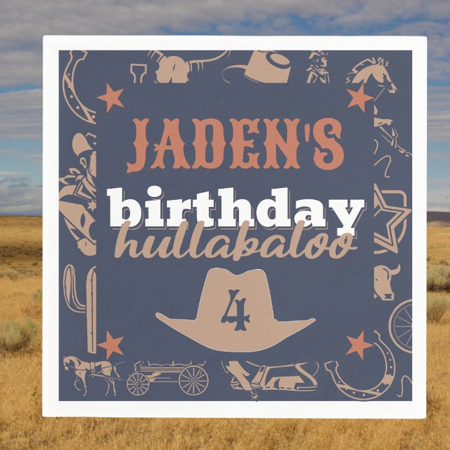 "Birthday Hullabaloo" Westerna Cowboy Party Pappersservett (cowboy western Wild West cowboy hat birthday hullabaloo party napkin blue white orange)