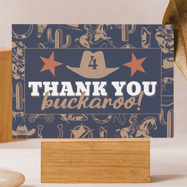 "Birthday Hullabaloo" Westerna Cowboydagen Tack Kort ("thank you buckaroo" birthday party thank you card cowboy western country Wild West theme)