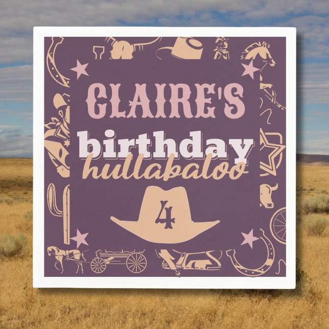"Birthday Hullabaloo" Westerna Cowgirl Party Pappersservett (western cowgirl birthday hullabaloo birthday napkins purple pink orange custom name and age)