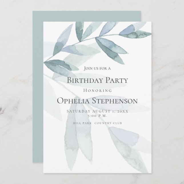 BIRTHDAY INBJUDAN | Dusty Blue Watercolor Eucalypt (Fram/baksida)
