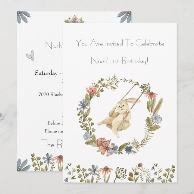 Birthday Invitation (12,7 x 17,8 cm) - Rabbit Inbjudningar (Fram/baksida)