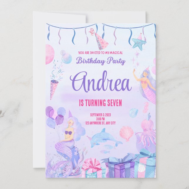 Birthday invitation card. Mermaid for Girls.Custom Inbjudningar (Framsida)