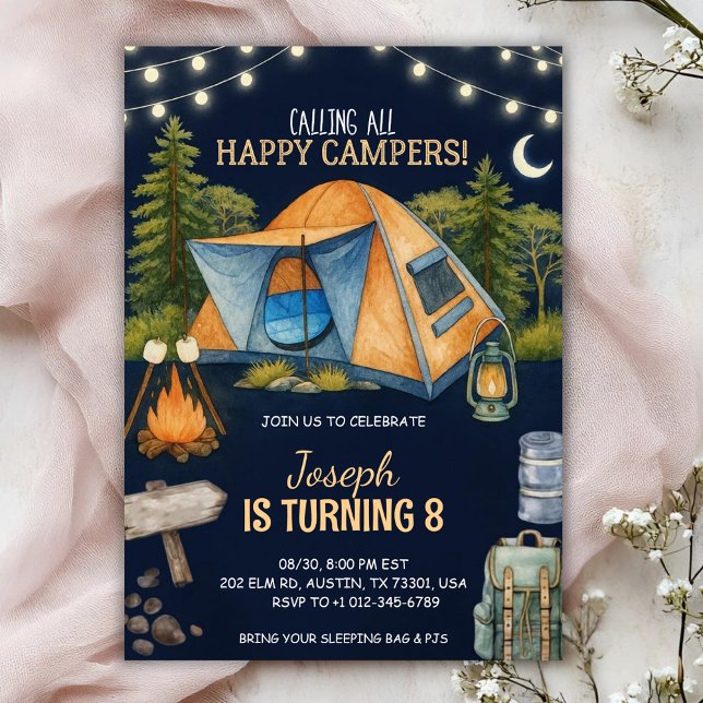 Birthday invitation featuring a camping theme inbjudningar (Skapare uppladdad)
