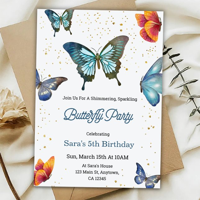 Birthday invitation featuring colorful butterflies inbjudningar (Skapare uppladdad)
