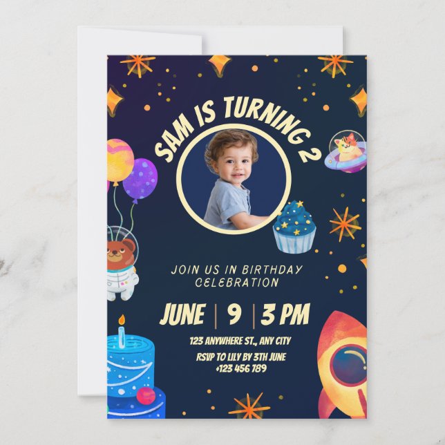 Birthday Invitation Space Rocket for kids  Inbjudningar (Framsida)