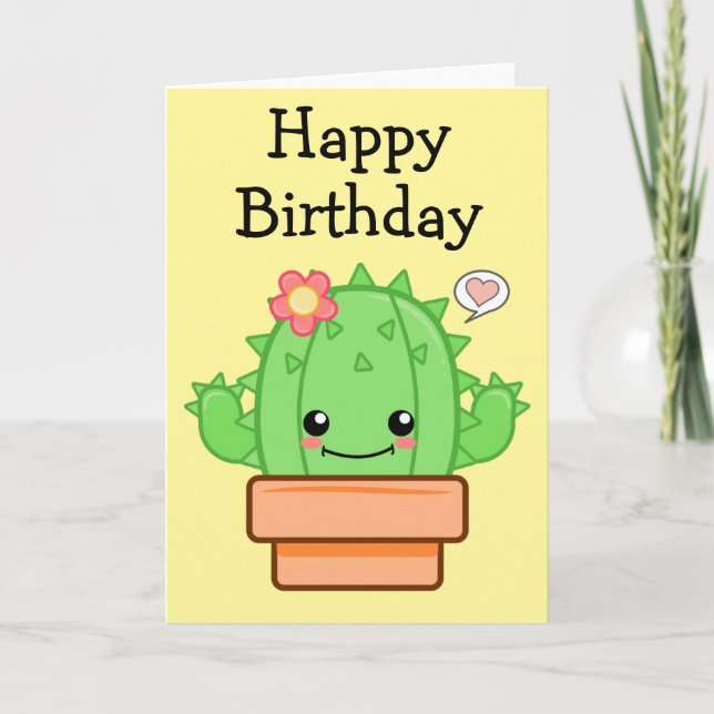 Birthday Kawaii Cactus Kort (Framsida)