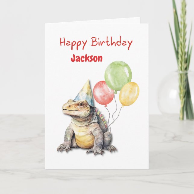 Birthday Komodo Dragon Lizard Party Hat Balloons Kort (Framsida)