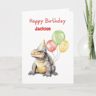 Birthday Komodo Dragon Lizard Party Hat Balloons Kort