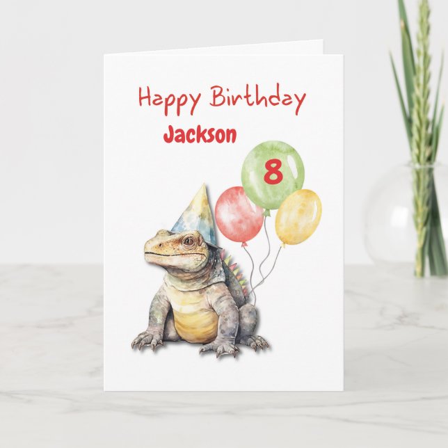 Birthday Komodo Dragon Lizard Party Hat Balloons Kort (Framsida)