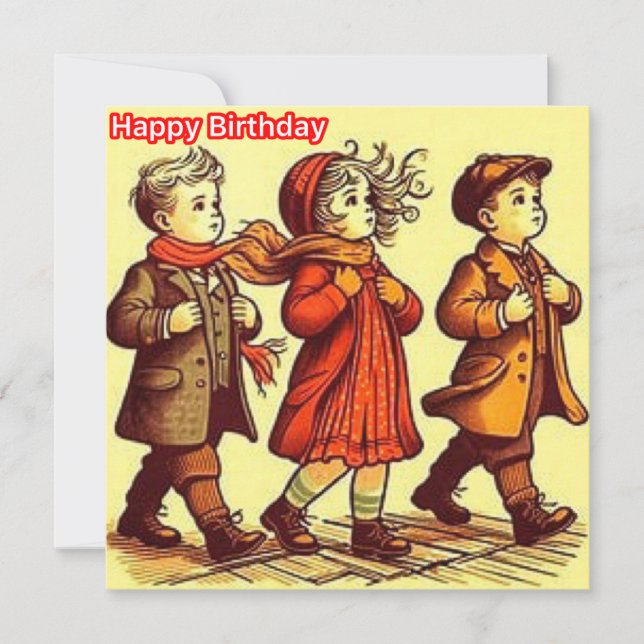 BIRTHDAY-KORT ~ 3 Cute Retro Children ~ (Framsida)