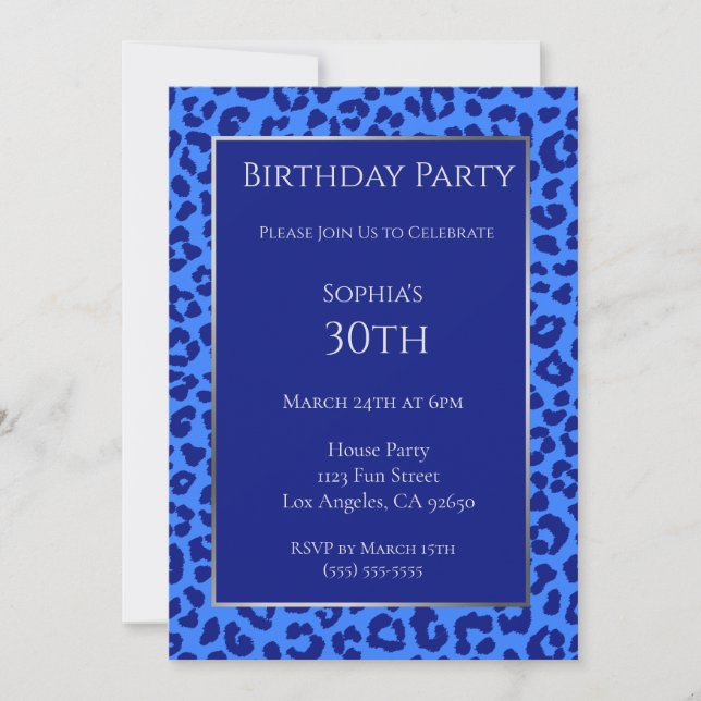 Birthday-Leopard Mönster-Blue- Inbjudningar (Framsida)