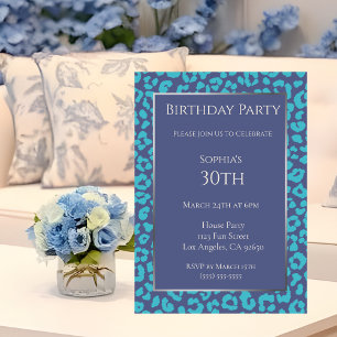 Birthday-Leopard Mönster-Blue- Inbjudningar