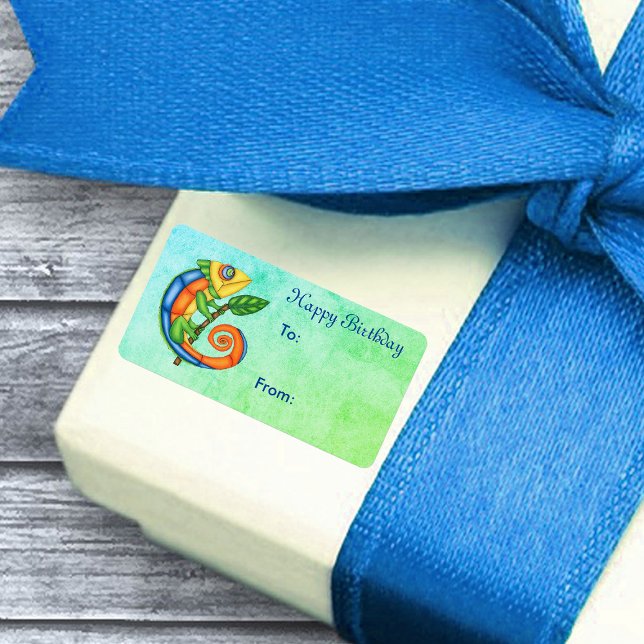 Birthday Lizard Löv Vibrant Färg Blue Grönt Adressetikett (fun lizard with leaf in bright colours big eyes on blue green birthday gift tag sticker.)