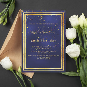 Birthday marinblå guld konetti inbjudningar