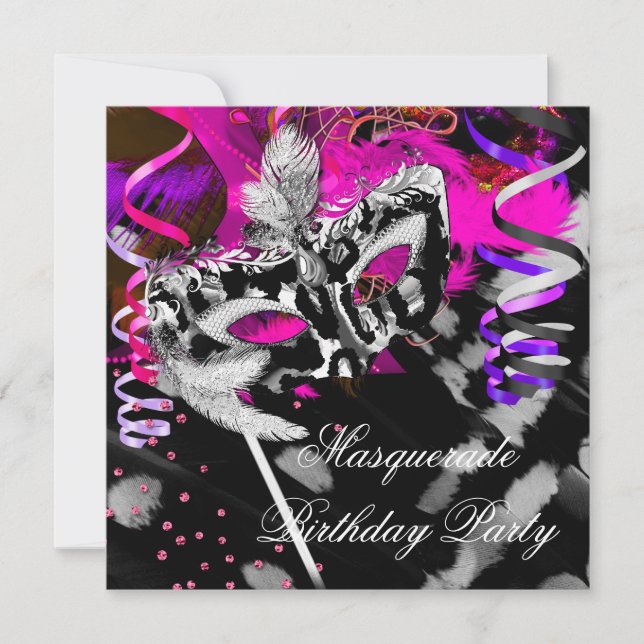 Birthday MasqueraParty Black Silver Rosa Inbjudningar (Framsida)
