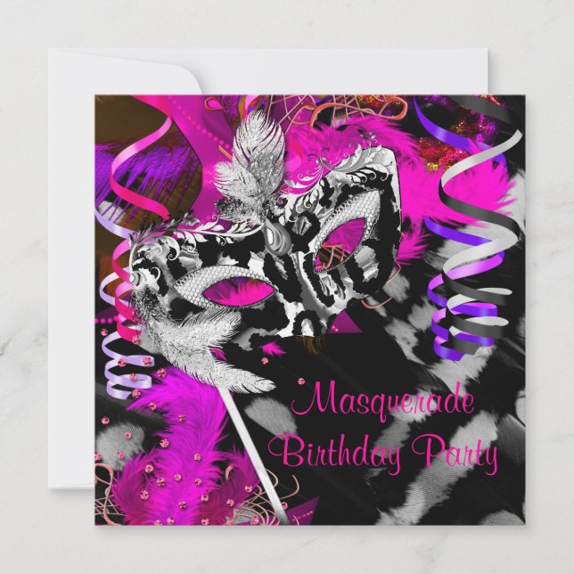 Birthday MasqueraParty Boll Black Silver Rosa Inbjudningar (Framsida)