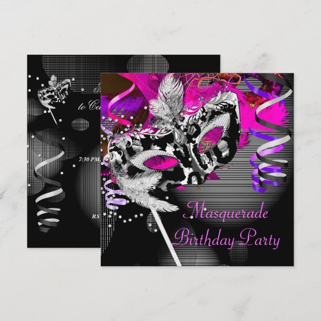 Birthday MasqueraParty Mask Silver Rosa 2 Inbjudningar (Fram/baksida)