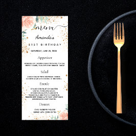 Birthday Menu ro guld blommigt eucalyptus glitter Reklamkort