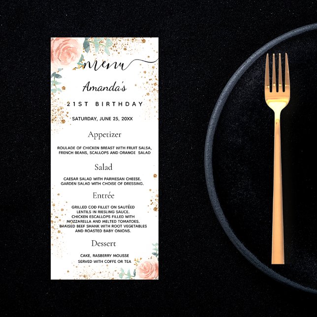 Birthday Menu ro guld blommigt eucalyptus glitter Reklamkort (Skapare uppladdad)