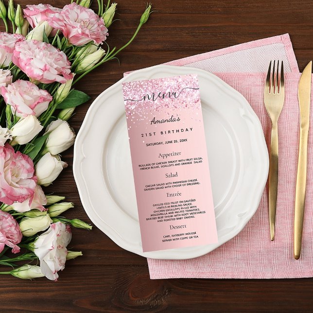 Birthday Menu  rosa glitter namn Reklamkort (Skapare uppladdad)