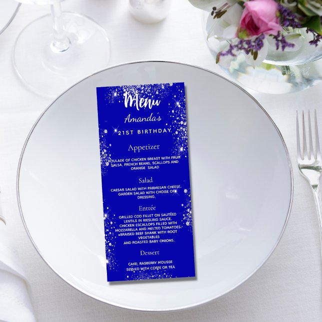 Birthday Menu royal blue silver-miniatyrdiagram Reklamkort (Skapare uppladdad)
