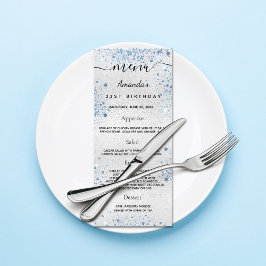 Birthday Menu silver blue glitter namn Reklamkort