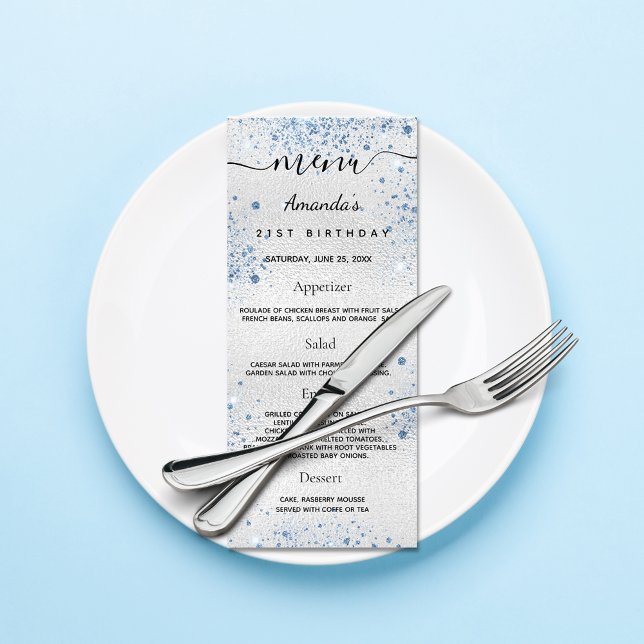 Birthday Menu silver blue glitter namn Reklamkort (Skapare uppladdad)