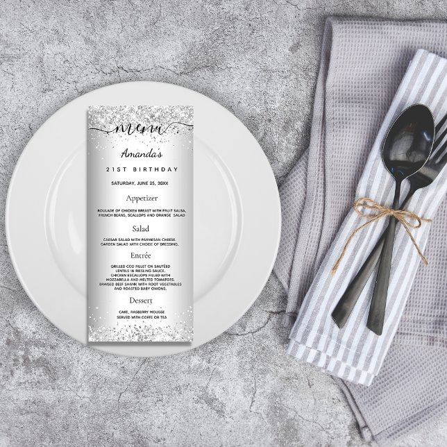 Birthday Menu silver konetti elegant Reklamkort (Skapare uppladdad)