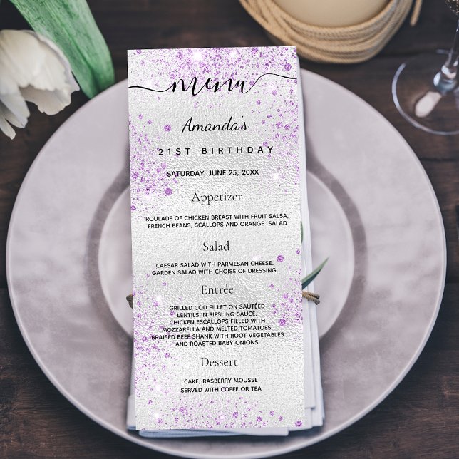 Birthday Menu silver lila metall monogram Reklamkort (Skapare uppladdad)