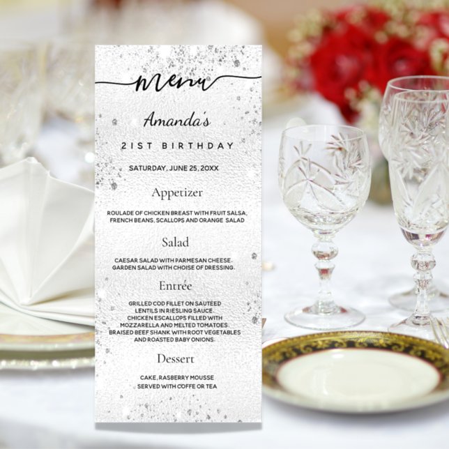 Birthday Menu silver metall monogram namn Reklamkort (Skapare uppladdad)